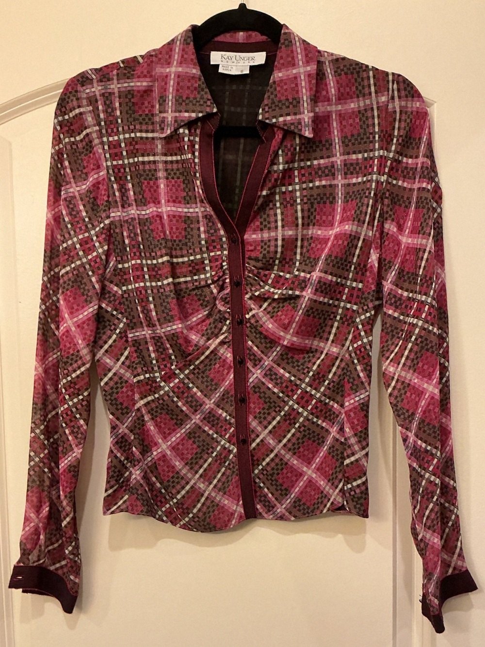 Kay Unger NY 100% Silk Plaid Metallic Blouse Size 6